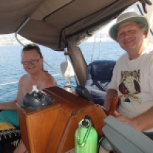 Jan and Andy at the helm of Maiatla off the coast of Mexico